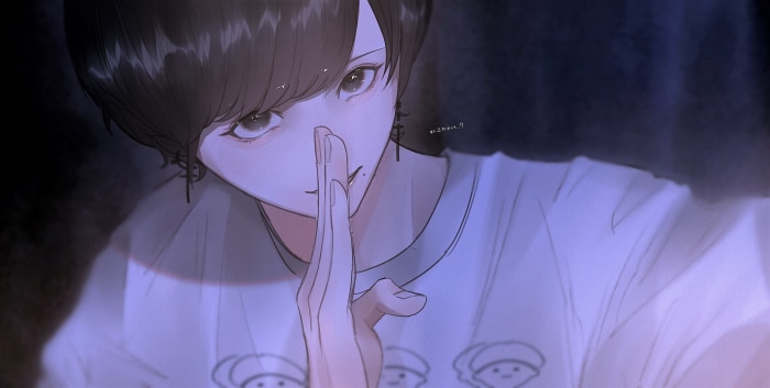 Anime boy with short dark hair and t-shirt