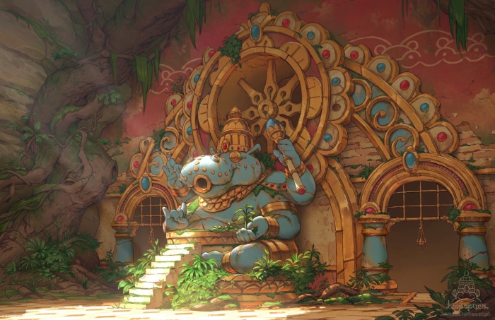 Fantasy Ruin with Blue Hippo Statue