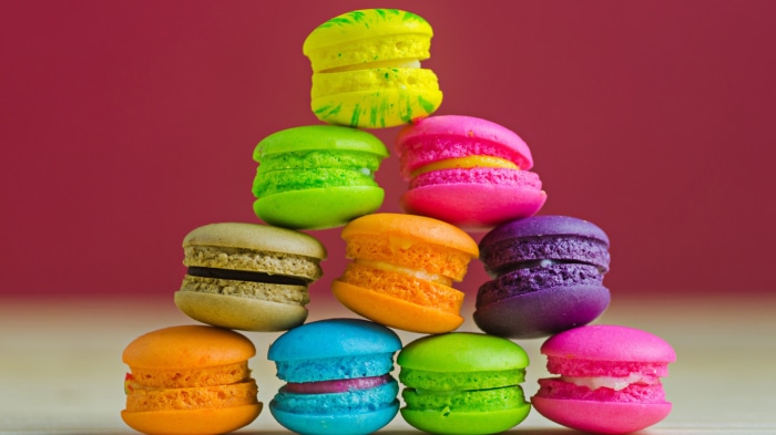 Colorful macarons stacked in a pyramid