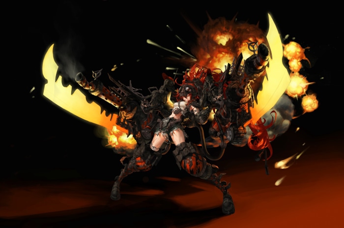 Female warrior with mechanical arms and fiery explosions