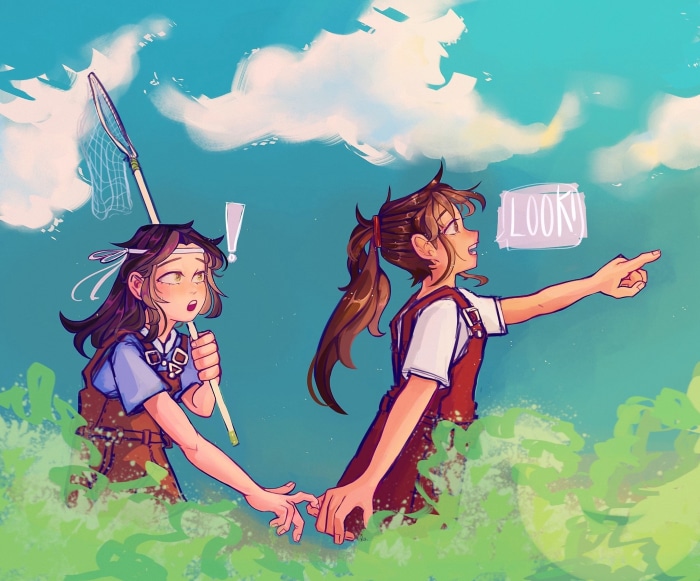 Two girls in a field with a butterfly net