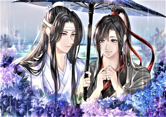 Lan Wangji and Wei Ying from Mo Dao Zu Shi under an umbrella in the rain