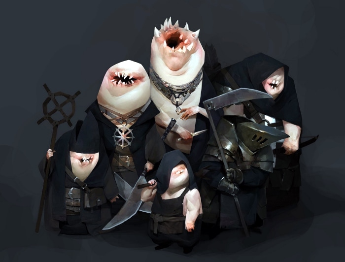 Group of grotesque creatures in dark robes
