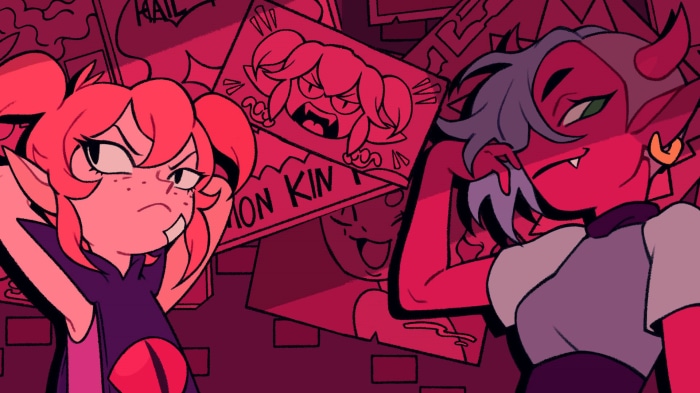 Two demon girls in front of wanted posters
