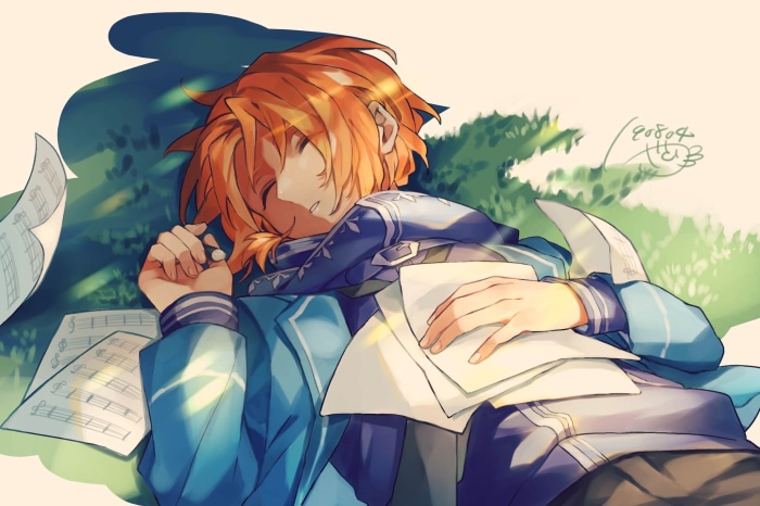 Leo Tsukinaga from Ensemble Stars sleeping with sheet music