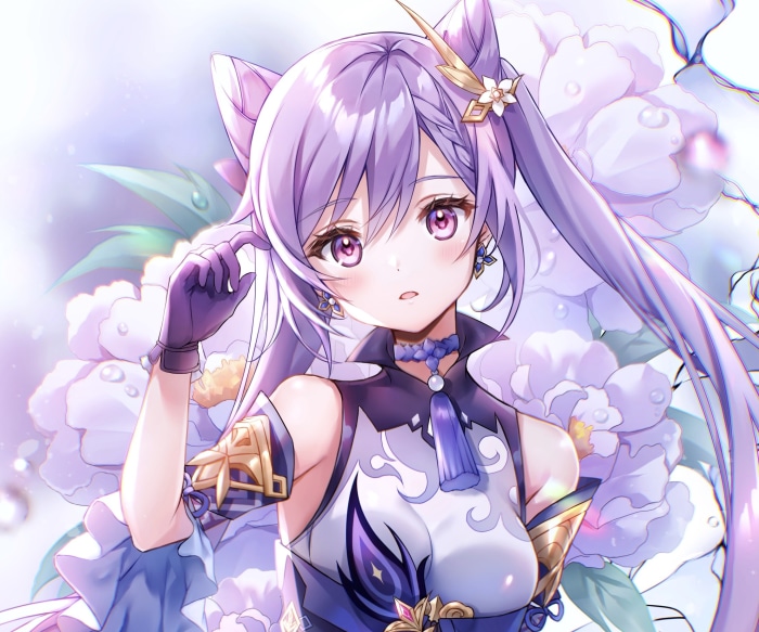 Keqing from Genshin Impact with flowers