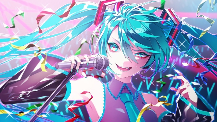 Hatsune Miku singing with confetti