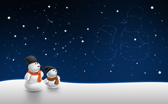 Two snowmen looking at constellations in the night sky
