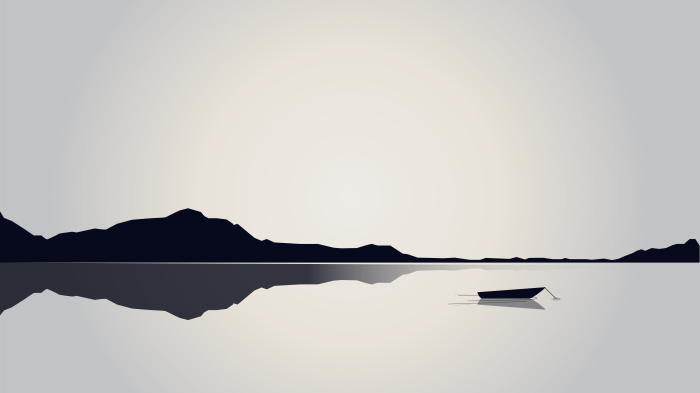 Minimalist black landscape with mountains and a boat