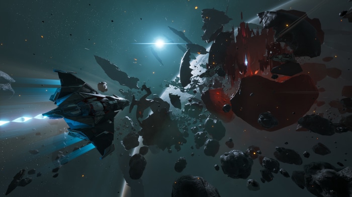 Spaceship navigating asteroid field with distant star