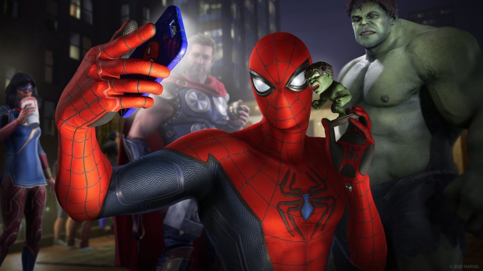 Spider-Man from Marvel's Avengers with Hulk and Thor