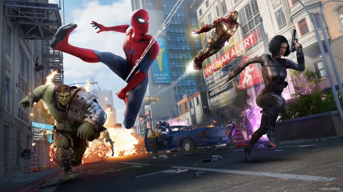 Marvel's Avengers: Spider-Man, Hulk, Iron Man, and Black Widow in battle
