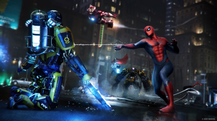 Spider-Man and Iron Man fight AIM robots in Marvel's Avengers 4K