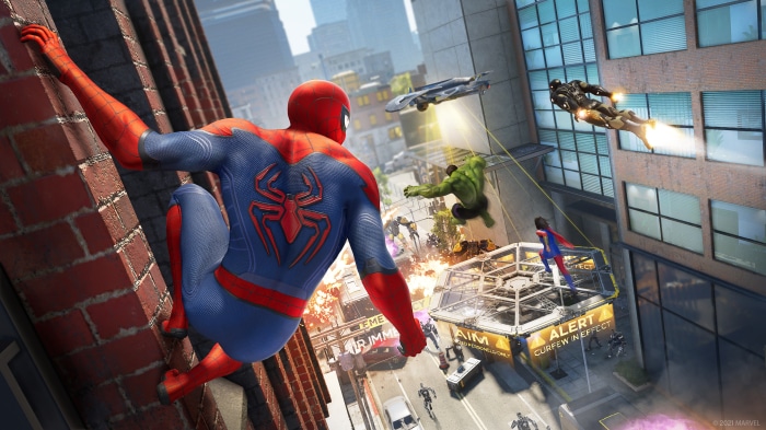Marvel's Avengers 4K: Spider-Man, Hulk, and Iron Man in battle
