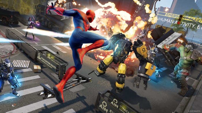 Spider-Man from Marvel's Avengers fighting robots and Hulk