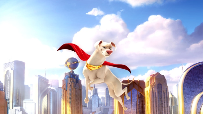 Krypto the Superdog flying over Metropolis