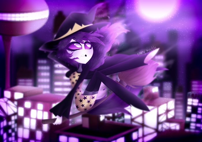 Octavia from Helluva Boss flying on a broomstick