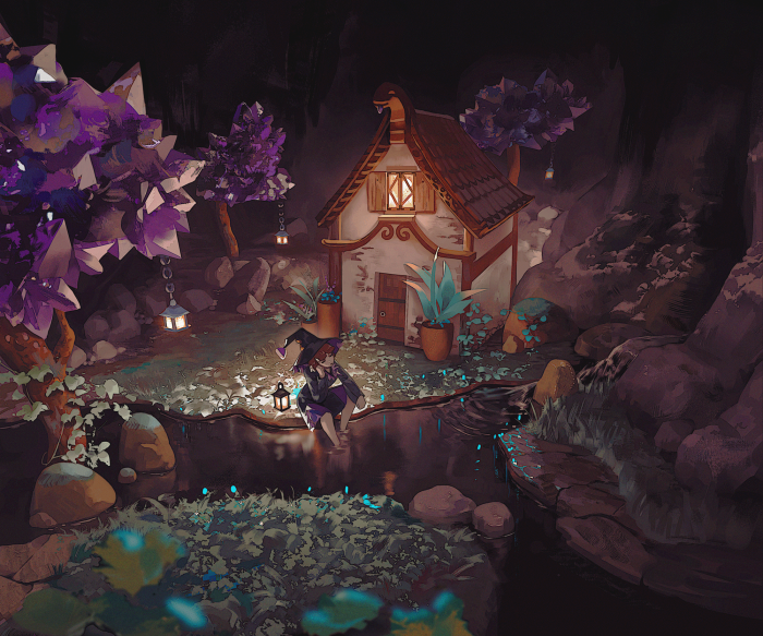 Girl in witch hat by a cave house with crystals