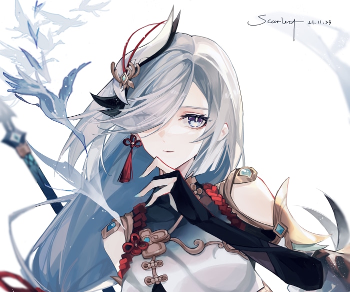 Shenhe from Genshin Impact with birds