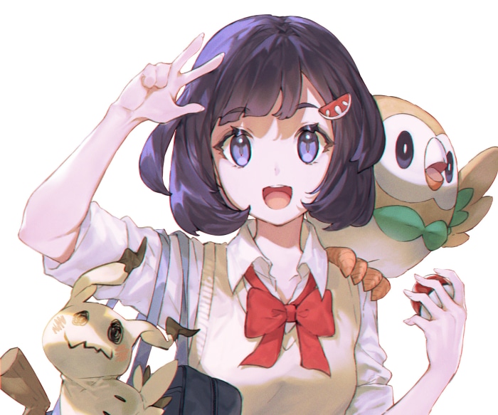 Girl with Mimikyu and Rowlet from Pokémon