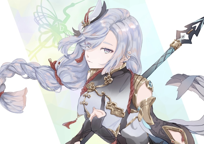 Shenhe from Genshin Impact with a spear