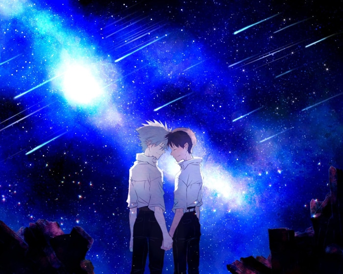 Shinji Ikari and Kaworu Nagisa from Neon Genesis Evangelion under a starry sky