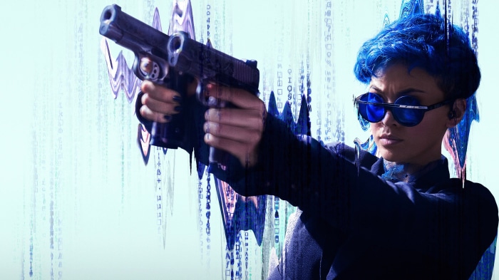 Bugs from The Matrix Resurrections holding a gun
