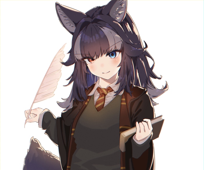 Wolf girl in Hogwarts uniform holding a quill and book