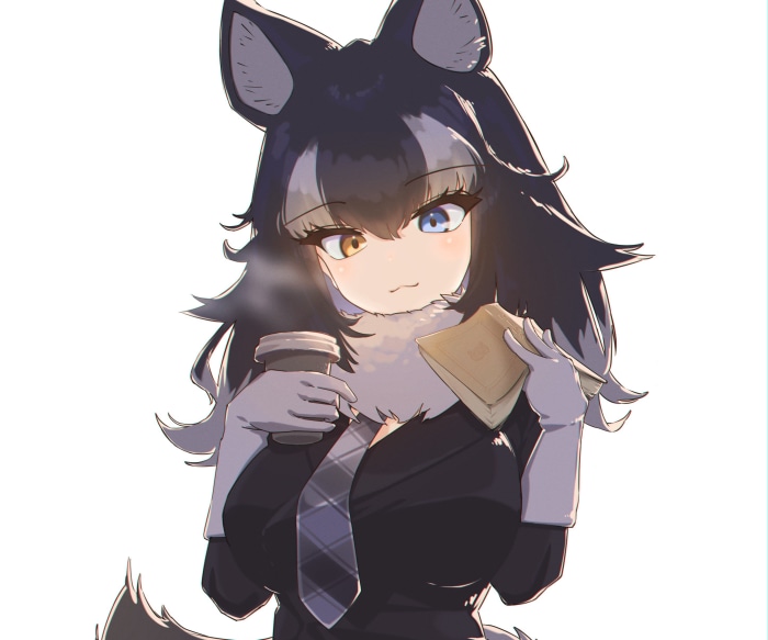 Wolf girl with heterochromia holding coffee and book