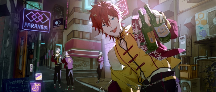 Rinne Amagi and friends in a neon-lit alley