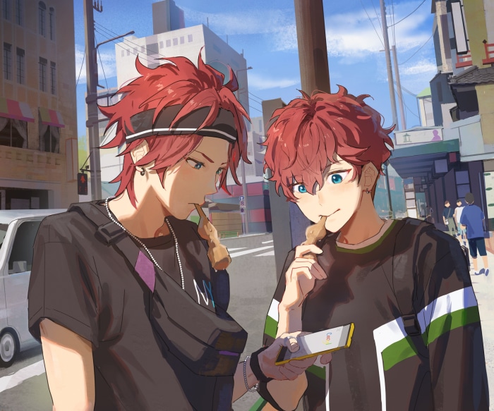 Hiiro and Rinne Amagi from Ensemble Stars!! eating street food