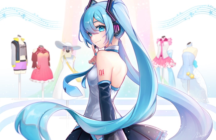Hatsune Miku from Vocaloid with outfits on display