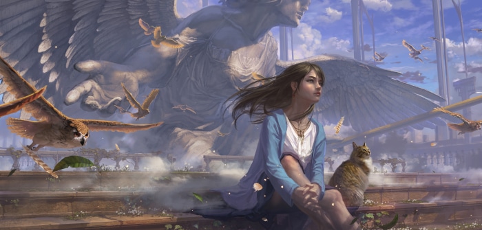Girl with Cat and Owl near Angel Statue 4K
