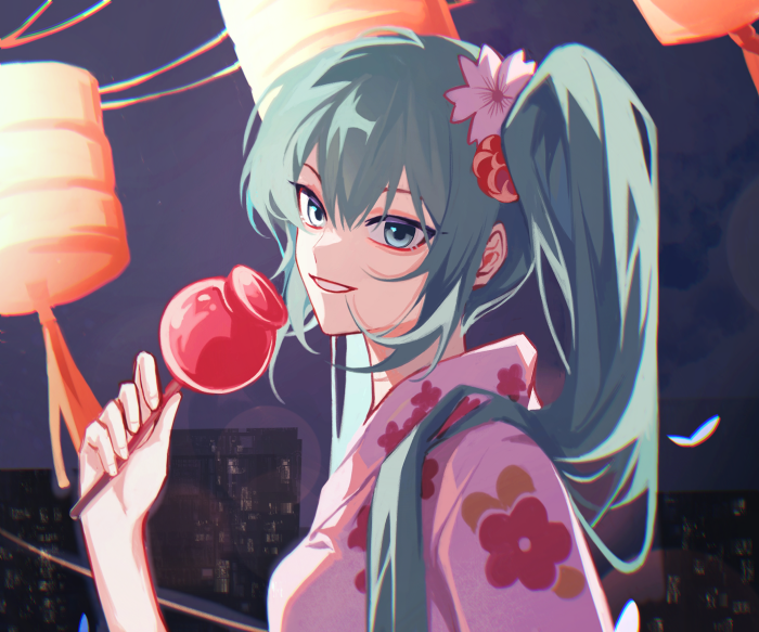 Hatsune Miku with a candy apple at a festival