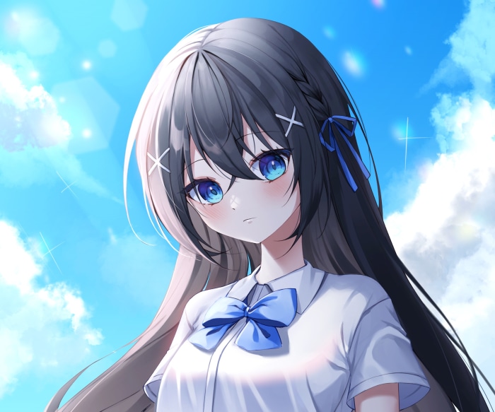 Anime girl with black hair and blue eyes