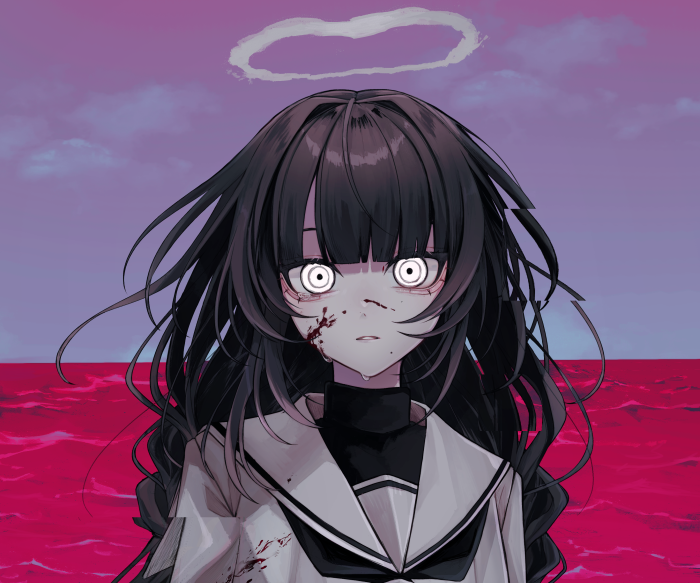 Girl with black hair and bloody face