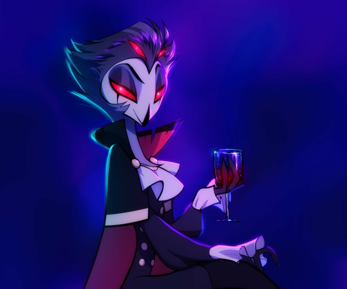 Stolas from Helluva Boss holding a drink