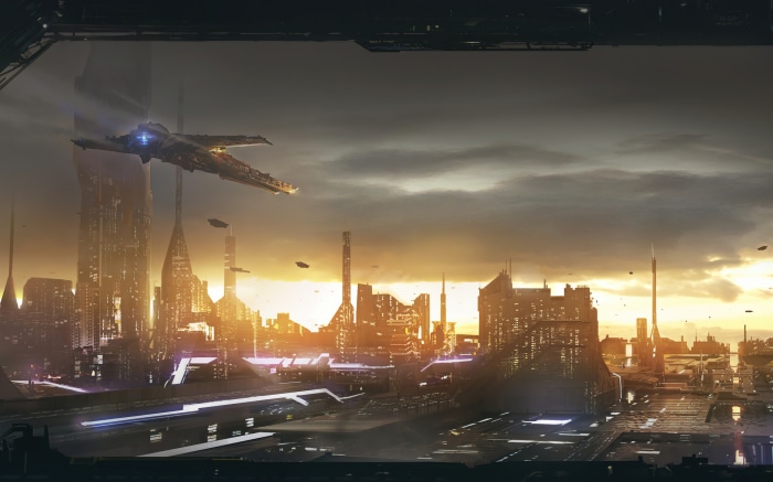 Sci-Fi Cityscape with Spaceship at Sunset