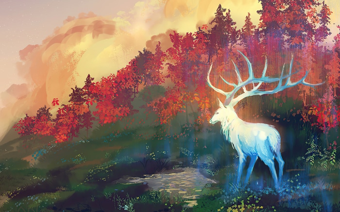 Fantasy white deer with large antlers in a colorful forest