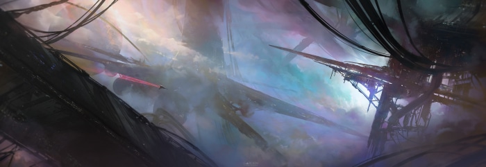 Sci Fi Landscape with Structures and Ship