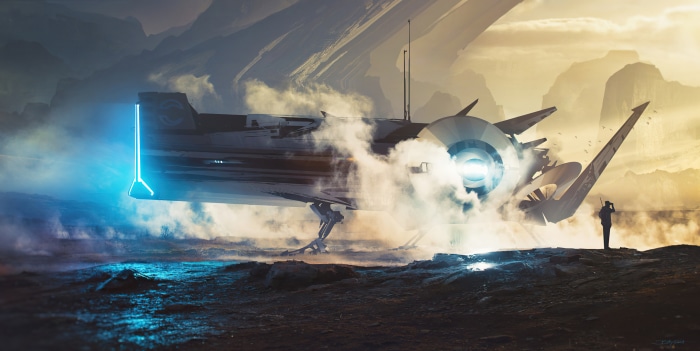 Sci-Fi Spaceship Landing with Blue Light
