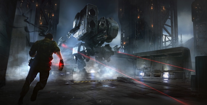 Man running from a giant mech