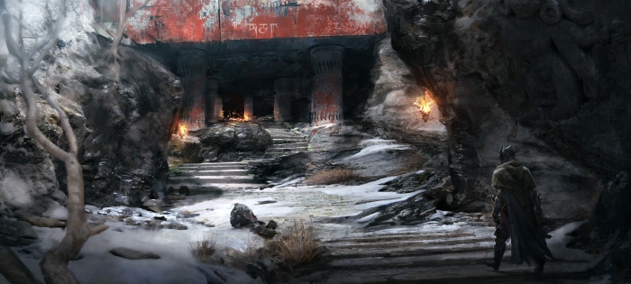 Fantasy ruin with ancient pillars and a lone figure