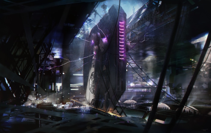 Futuristic Sci-Fi Cityscape with Towering Structure