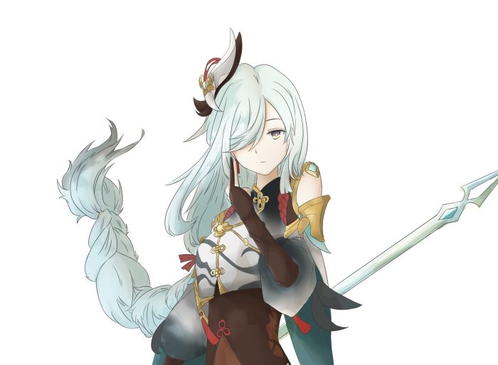 Shenhe from Genshin Impact holding a polearm