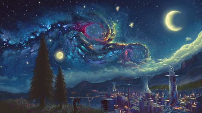 Sci Fi Cityscape Under a Cosmic Sky 4K