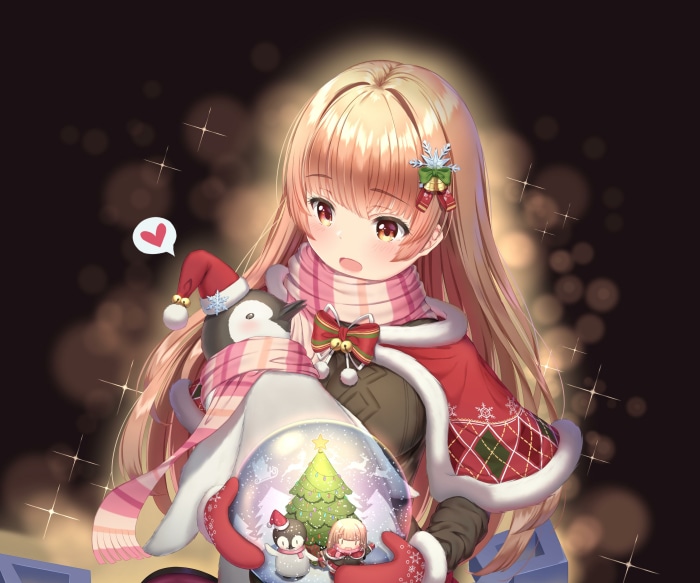Girl with Christmas Penguin and Snow Globe