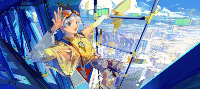 Anime boy with goggles on a skyscraper
