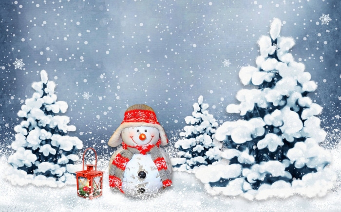 Snowman with Lantern and Snow-Covered Trees