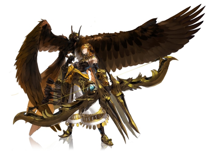 Fantasy woman warrior with bow and bird